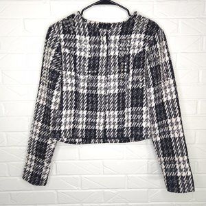 Gestuz Black and Cream Plaid Tweed Studded Jacket Collarless Crop Blazer Sz 40/8